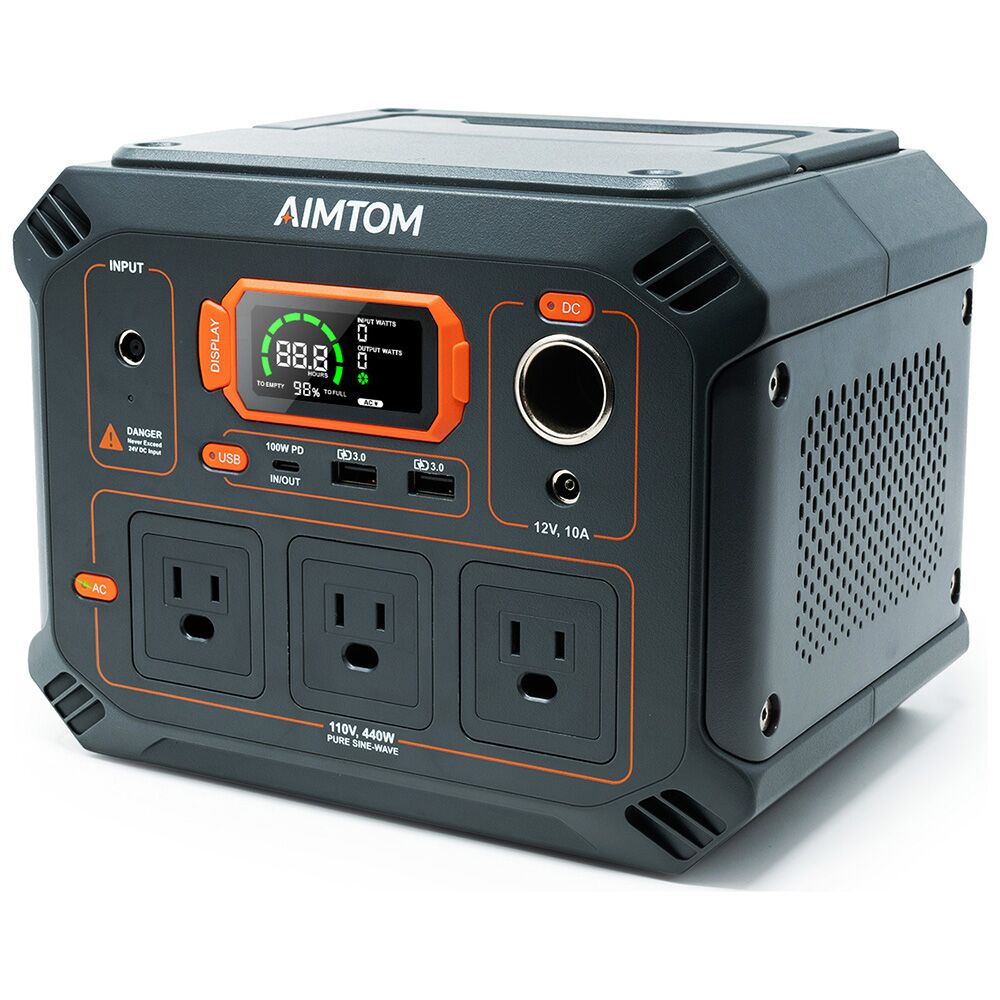 Peak 150W Solar Rechargeable Lithium Battery Backup Power Supply with 110V/100W AIMTOM 155Wh Portable Power Station AC Inverter Outlet USB Ports DC Output for Outdoors Camping Travel Emergency 